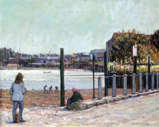 Harry Watson oil, Figures beside a river(-)